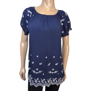 3/$20 Como Blu Navy Blue Floral Embroidered Blouse Womens Medium Rayon Boho Top